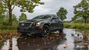 Elegant black Cadillac parked on a wet road with autumn leaves, showcasing luxury automotive design.